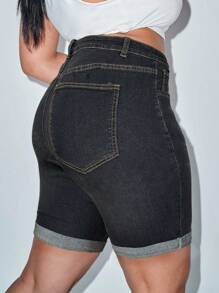 SHEIN SXY Plus Size Women Pocketed Cuffed Hem Skinny Casual Denim Shorts - Dark Grey - View 2