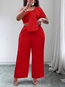 Slaydiva 2pcs Plus Size Set White Solid Color Off Shoulder Top And Long Pants, Casual & Stylish For Everyday Wear - Red - View 6