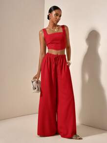 Zivah 新款春夏度假休闲鱼骨背带上衣和阔腿裤带口袋两件套，纹理面料 - B - 紅色 - 查看 4