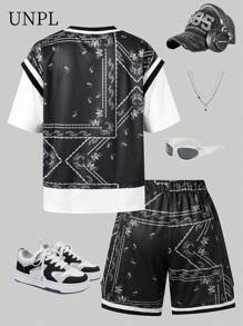 SHEIN Tween Jungen Lässig Set bestehend aus Kurzarm T-Shirt mit Buchstaben-Muster Patchwork und kontrastfarbigen Elementen sowie Shorts, Zweiteiler für Teenager