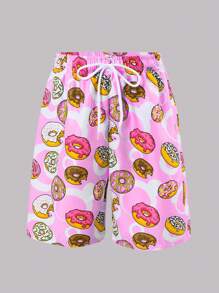 Tween Boy Donut Print Drawstring Waist Loose Swim Shorts