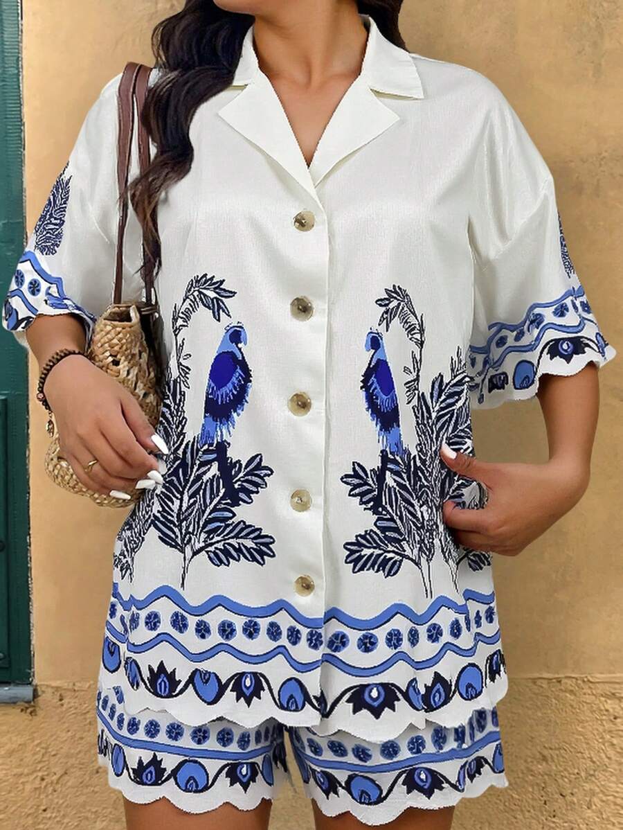 SHEIN Clasi Plus Size Women 2 Pieces Set: Casual Short Sleeve Printed White Shirt + White Printed Shorts