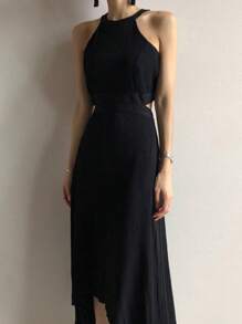 DAZY 女式不对称下摆收腰中长连衣裙优雅太阳裙 - 黑色 - 查看 3