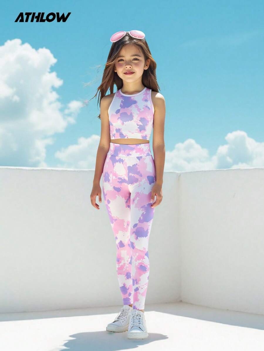 SHEIN Tween Girls Tie Dye Print Vest & Sports Pants Set, Soft Yoga ...