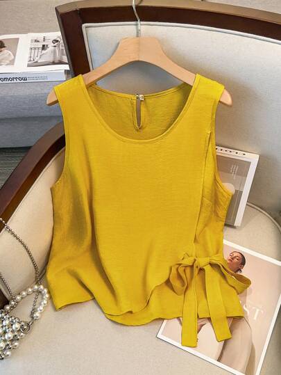 GlowEve CURVE Summer Vacation Casual Solid Color Round Neck Front Tie Sleeveless Shirt, Women's Clothing
