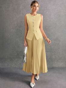 Poéselle 秋冬女士纯色无袖背心和裙子套装（两件套）奶油黄 - 黃色 - 查看 5