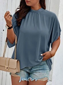 EMERY ROSE Plus Size Women Solid Stand Collar Batwing Sleeve Loose Blouse - Dusty Blue - View 3