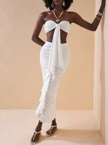 Slaydiva Conjunto de dos piezas con top tipo camiseta de tirantes y volantes en estilo vacacional amarillo para mujer - Blanco - Ver 5