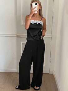 DAZY 2pcs Women Vintage Style Summer Set - Lace Camisole & Wide Leg Pants