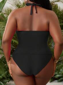 Slaydiva Conjunto de tankini de talla grande para mujer con bloques de color y bandeau, traje de baño con espalda descubierta y tiras, ropa de playa de alto estiramiento