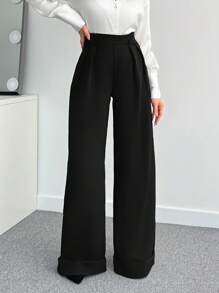 SHEIN 女士纯色高腰阔腿裤 - 黑色 - 查看 4