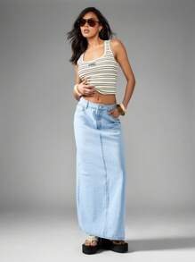 MISSGUIDED Long Denim Maxi Skirt High Waisted Floor Length Y2K Fashion Side Split Classic Spring Summer Festival Skirt - Light Wash - View 6