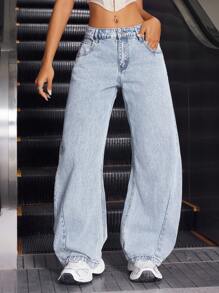 SHEIN ICON Women's Denim Flare Leg Pants, Minimalist And Stylish Suitable For Summer - Light Wash - View 5