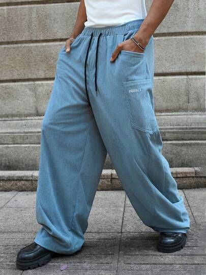 PAVTROS 男士街头风开叉弯刀刺绣设计大口袋灯芯绒阔腿裤