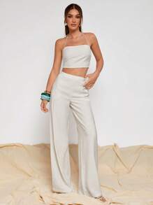 COSMINA Women's Vacation Casual Solid Color Backless Halter Top & Long Pants 2 Pieces Set - Beige - View 6