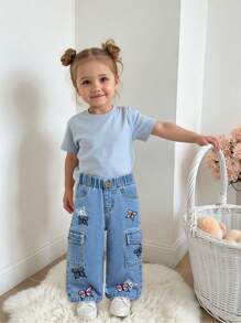 1 pièce Jeans droits à imprimé papillon avec poches utilitaires pour petites filles, style décontracté