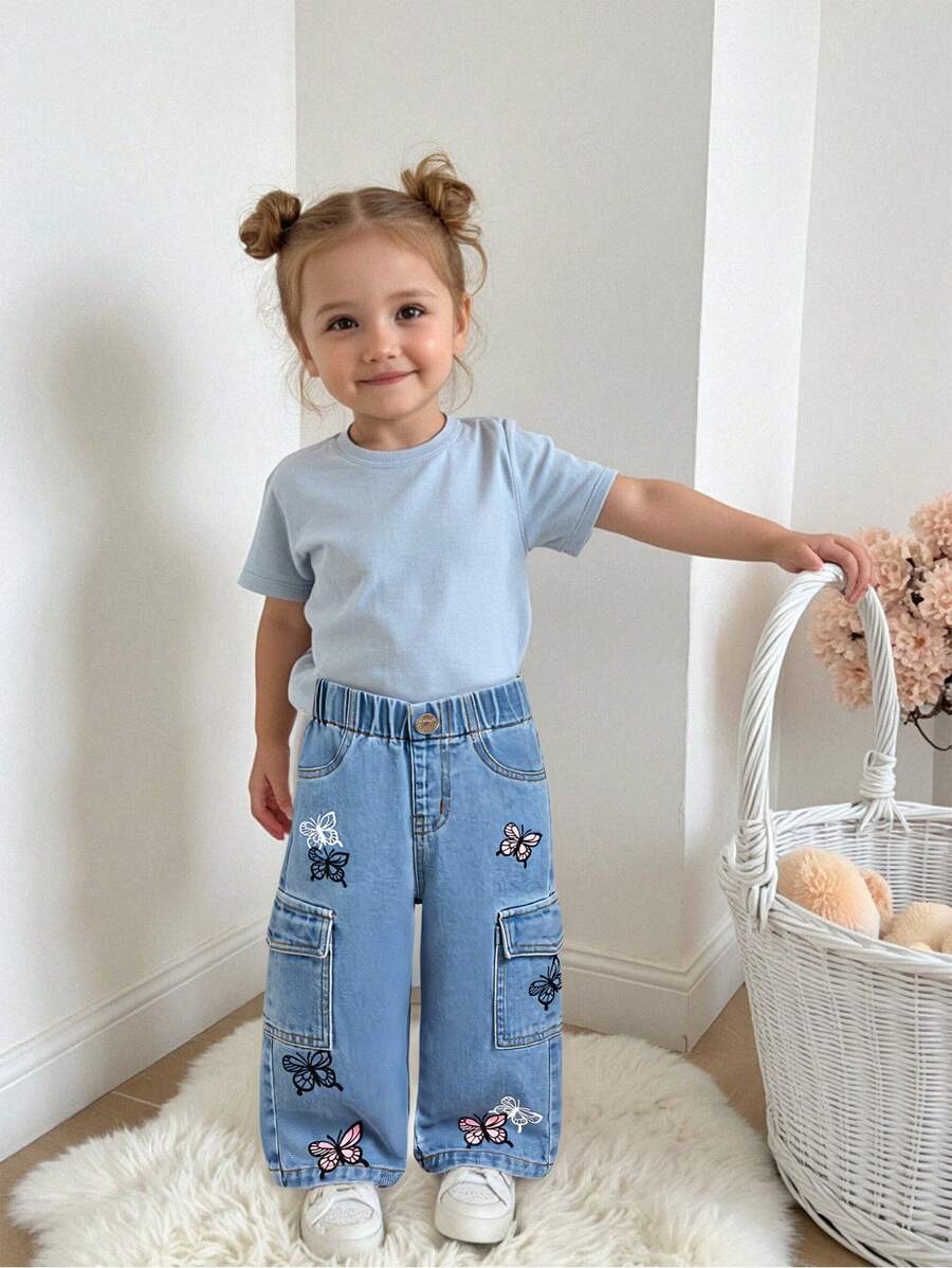 1 pièce Jeans droits à imprimé papillon avec poches utilitaires pour petites filles, style décontracté