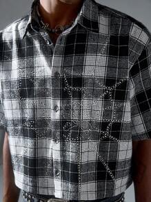 NEON BLANC Men Stylish Street Grid Pattern Rhinestud Spider Web Embroidery Short Sleeve Woven Shirt , Plaid Shirt - Black and White - View 6