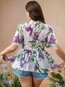 Sunnyshic Elegante camicetta femminile in chiffon con maniche corte, balze e arricciature in vita, motivo floreale alla francese