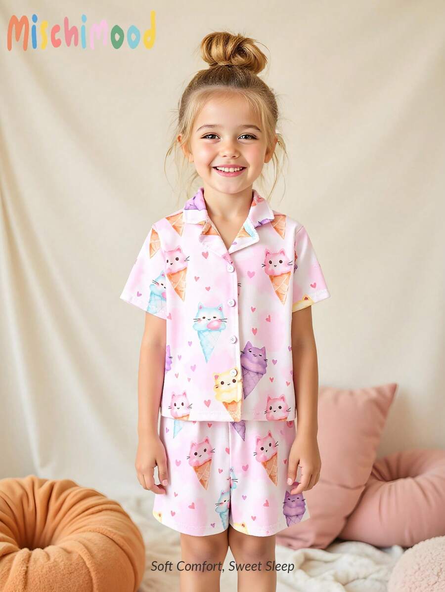 两件套女童彩色独角兽印花开襟短袖短裤舒适睡衣套装,女童两件套,女童短袖上衣和短裤睡衣,儿童睡衣 - 彩色 - 查看 1