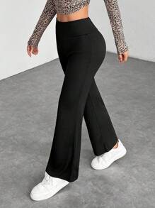 SHEIN PETITE 女式不对称罗纹纯色长裤 - 黑色 - 查看 4
