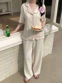 SHEIN 2 件装少女简约蝴蝶结领纽扣贴袋短袖上衣和阔腿针织提花睡衣套装 - 黃色 - 查看 3