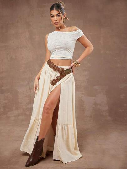 Hauture 夏季女士，女士，高开叉米色分层长裙，度假休闲纯色，女士裙子，白色裙子，长裙，波西米亚风，日常，度假