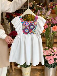 Vestido ajustado con estampado de parche de volantes de unicolor tejido, cuello cuadrado para niña joven - Blanco - Ver 4