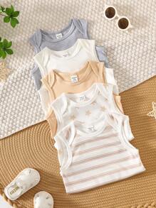 5pcs/Set Newborn Baby Boy Casual Versatile Knitted Soft Polka Dot & Stripe Pattern Vest Sets - Multicolor - View 4