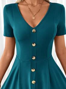 SHEIN Clasi Đầm chữ A tay ngắn cổ chữ V thanh lịch dành cho nữ màu xanh lá cây - Màu xanh ngọc - Xem 6