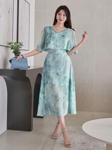 DAZY Solid Color V-Neck Mid-Length Shiny Dress For Women