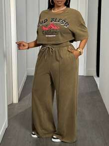 Slaydiva Plus Size Women's Casual Street Style Cropped T-Shirt & Loose Sweatpants 2 Pieces Set - Brown - View 7