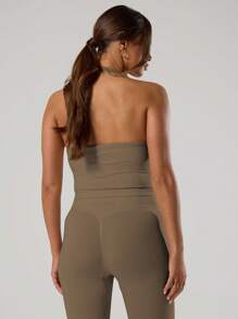 Musera Sport Seamless Halterneck Strap Active-Wear Halter Crop Top, Padel, Tennis, Pickleball Gym Fitness Summer - Mocha Brown - View 2