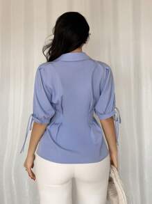 SHEIN PETITE 女士优雅短袖衬衫，修身褶皱腰设计和泡泡袖 - 藍色 - 查看 2