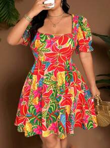 Flirla 大码女式方领泡泡袖花卉印花海滩/度假/派对可爱中长连衣裙 - 彩色 - 查看 1