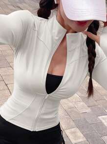 DAZY Women Solid Color Elastic Mock Neck Fitted Long Sleeve Jacket, Sportswear & Casual, Spring/Autumn - White - View 2