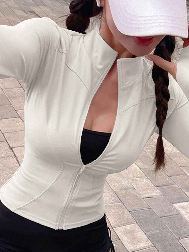 Women Solid Color Elastic Mock Neck Fitted Long Sleeve Jacket, Sportswear & Casual, Spring/Autumn
