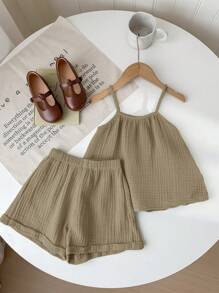 SHEIN LMoss Kids 2pcs Young Girls Summer Casual Loose Spaghetti Strap Camisole And Pleated Hem Shorts Set - Grey - View 3