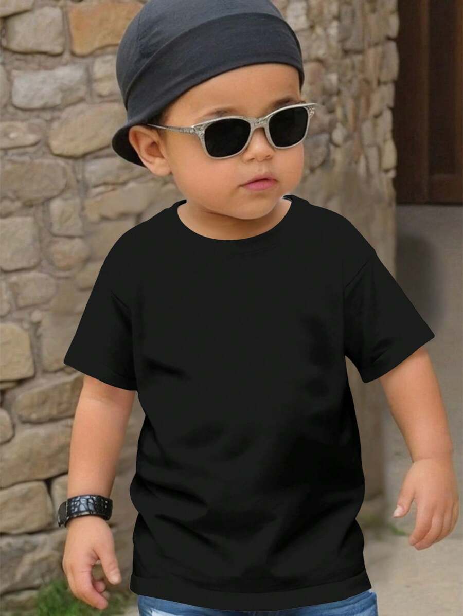 SHEIN Kaos Anak Laki-Laki Lengan Pendek Kerah Bulat, Kasual untuk Musim Panas - Hitam - View 1