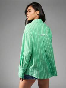 MISSGUIDED Chemise boutonnée rayée oversize, manches longues, Top décontracté, couvre-tout de plage pour le printemps et l'été, vacances, coupe ample, col chemisier, Noël - Vert - Voir 2