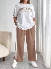 SHEIN Essnce Damen Große Größen Sommer Lässig Sport T-Shirt und Hose Zweiteiler, Damen Sommer Kleidung, Outfit Sets, Zweiteiler Hosen Set, Grafik T-Shirt Set, Sommer Outfits, Zweiteiler Outfits, Flughafen Outfit, Schul-Rückkehr Kleidung, Zweiteiler Set mit Hose - Khaki - Übersicht 1