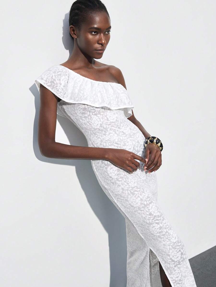 Maija Đầm suông hở vai lệch vai cổ bèo nhún thời trang xuân/hè mới không tay ôm vừa vặn, thích hợp cho lễ hội âm nhạc, kỳ nghỉ ở bãi biển, thường ngày, khu nghỉ dưỡng thành phố lãng mạn, thích hợp để đi chơi, tiệc tùng, đám cưới, mùa tốt nghiệp - trắng - Xem 1