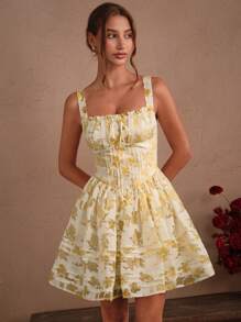 SHEIN Unity Fashionable & Chic Jacquard Women's Spaghetti Strap Ruffle Hem Short Dress, Suitable For Summer, Beach, Festival, Holiday - Multicolor - View 4