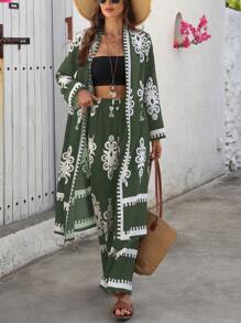 Breezaya Bohemian Style Print 2 Pieces Kimono Set For Women, Suitable For Holiday Fall Cloth For Women