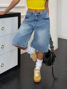 SHEIN Pantalons capris longs amples en jean délavé à taille basse pour adolescentes, printemps été, Tenues bohèmes larges pour vacances à la plage d'été, Tenues d'été pour brunch, remise des diplômes, Tenues streetwear pour festivals de concerts d'été