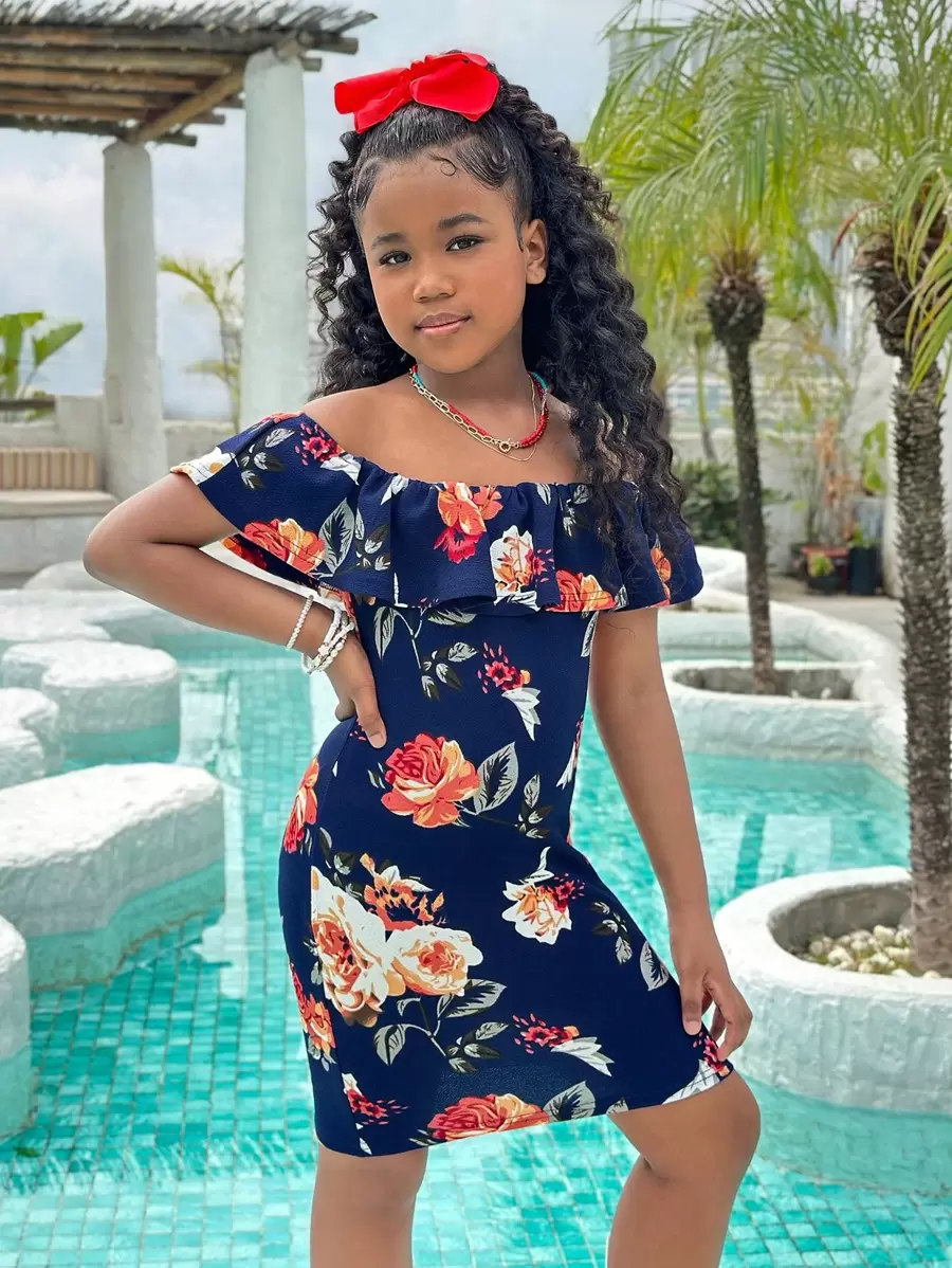SHEIN Tween Girl Elegant Versatile Flower Print Off Shoulder Ruffle Hem Snug Fit Dress - Navy Blue - View 1