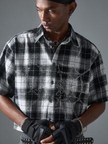 NEON BLANC Men Stylish Street Grid Pattern Rhinestud Spider Web Embroidery Short Sleeve Woven Shirt , Plaid Shirt - Black and White - View 4