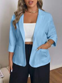SHEIN Unity Plus Size Women Solid Color Lapel Neck Long Sleeve Casual Blazer Graduation,Back To School,Teacher Outfits For Women - Blue - View 4