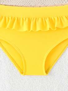 Baby Girl Two Pieces Printed Solid Color Triangle Skirt Swimwear With Cute Hat - Yellow - View 5