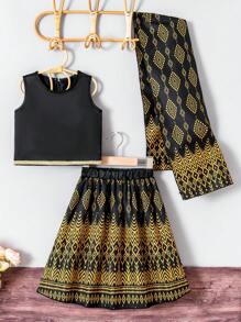 3pcs Toddler Girls' Fancy Spring/Summer Satin Navy Blue Round Neck Sleeveless Top, Geometric & Metallic Print Skirt, And Shawl, Suitable For Party, Wedding, Banquet, Vacation In Summer - Black - View 5